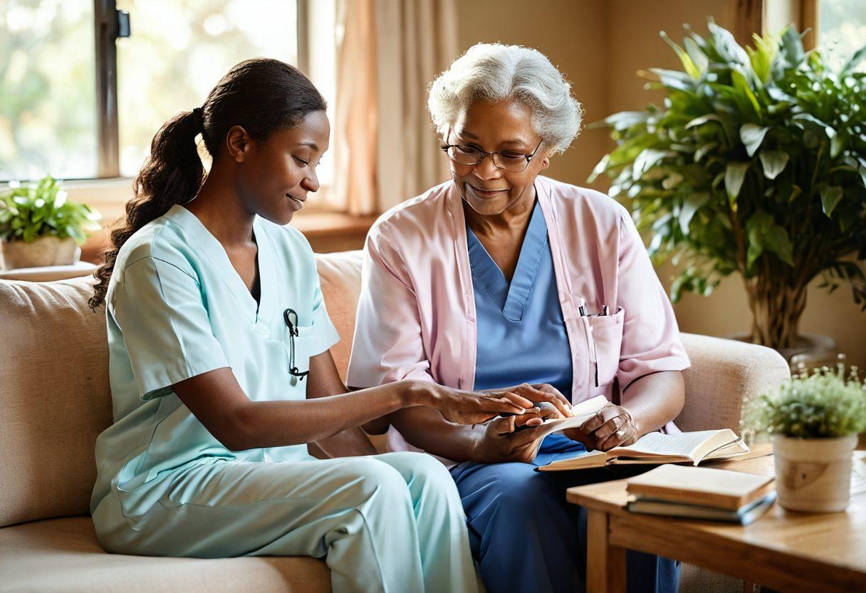 A compassionate caregiver gently holding the hand of a patient in a serene, sunlit room filled with supportive resources like books and tablets displaying health information. The atmosphere conveys hope and empowerment, with soft pastel colors enhancing the warmth of the moment. Include elements like a comforting sofa, plants, and inspirational quotes on the walls. super-realistic. warm colors. soft lighting.