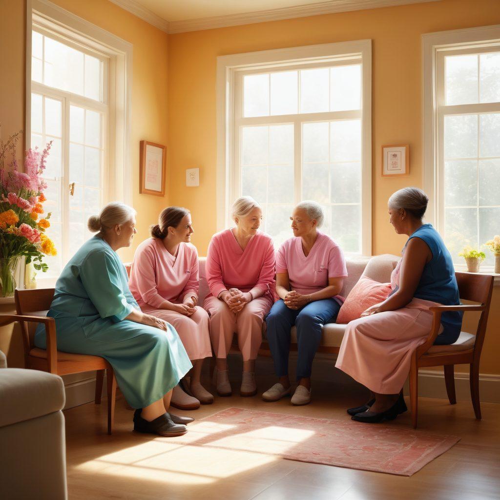 A warm and inviting scene depicting a diverse group of caregivers supporting oncology patients in a comforting environment, with soft lighting, compassionate expressions, and educational materials scattered around. Include elements that symbolize hope, such as blooming flowers and gentle sunlight filtering through a window. super-realistic. vibrant colors. soothing atmosphere.