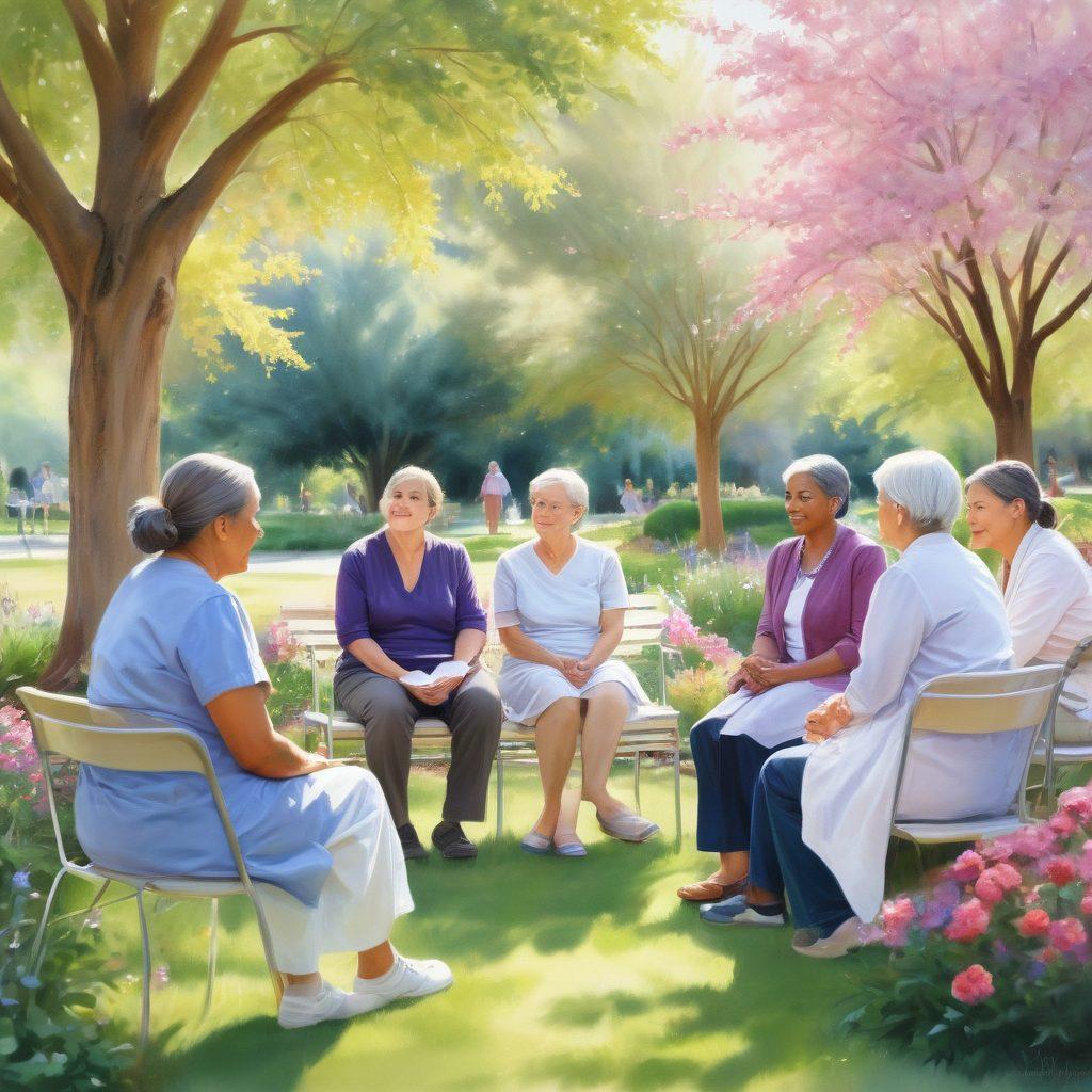 A warm and inviting scene depicting a diverse group of caregivers and oncology patients engaged in a supportive discussion in a serene park setting. Emphasize empathy through their expressions and body language, with visual elements like a healing garden, blooming flowers, and soft sunlight filtering through trees. Include symbols of advocacy like ribbons and supportive banners in the background. soft focus. pastel colors. watercolor style.